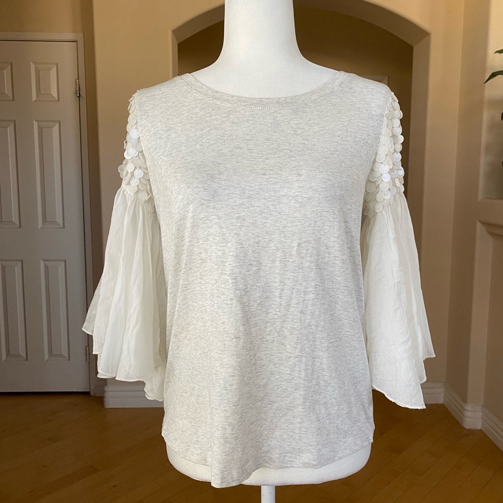 White and Gray Ruffled Bell Sleeve Embellished Shoulder Design